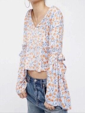 Free People Cherry Pie Bell Sleeve Retro Top Blue Size XS